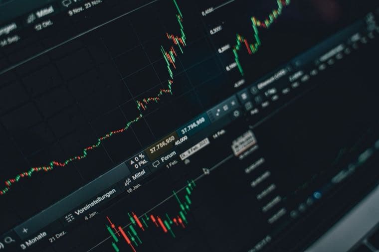 A stock market trading screen with charts, representing capital gains tax on shares