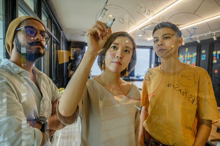 A startup team planning ideas on a glass whiteboard